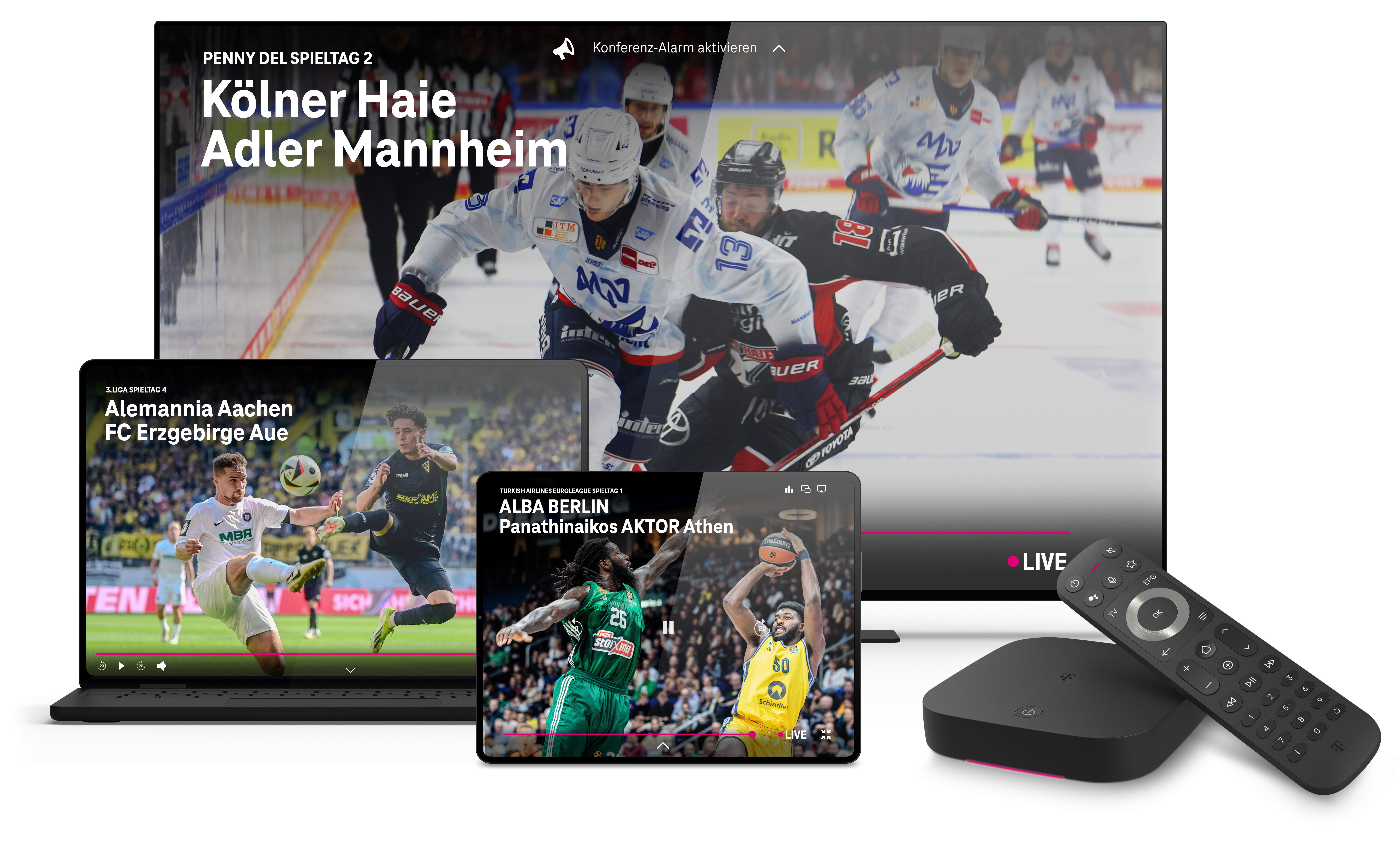 Auf einem Fernseher, Laptop und Tablet läuft eine Übertragung von MagentaSport.